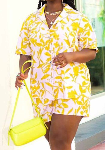 Plus Size Women Casual Holidays Short Sleeve Shirt and Shorts Two-piece Set