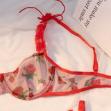 Women Lace petal shoulder strap rose print hollow Backless sexy lingerie two-piece set
