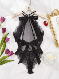 Women summer sexy mesh lace Halter Neck Lace-Up See-Through jumpsuit sexy lingerie