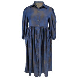 Plus Size Women Button Turndown Collar Long Sleeve Maxi Dress