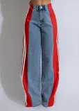 Summer Fashion Patchwork Three Stripes Wide Leg Denim Pants Women's Casual High Waist Stretch Straight Jeans