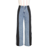 Summer Fashion Patchwork Three Stripes Wide Leg Denim Pants Women's Casual High Waist Stretch Straight Jeans