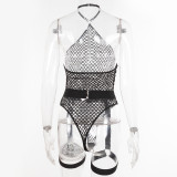 Hollow Low Back See-Through Halter Neck Sexy Fishnet Bodysuit