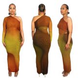 Summer Fashion Print Sexy Slash Shoulder Single Sleeve Gradient Color Bodycon Dress