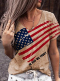 Women American Flag Stars and Stripes Print V-Neck Short Sleeve T-Shirt