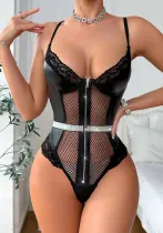 Women Lace PU-Leather Mesh Patchwork See-Through Backless Sexy One-piece Sexy Lingerie