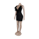 Women Sexy Beaded Feather V-Neck Backless Bodycon Dress