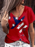 Women American Flag Stars and Stripes Print V-Neck Short Sleeve T-Shirt