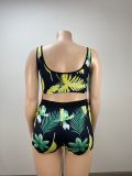 Casual Tropical Leaf Print Home Style Plus Size Sexy Two-Piece Shorts Set