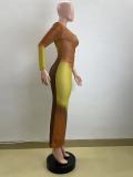 Summer Fashion Print Sexy Slash Shoulder Single Sleeve Gradient Color Bodycon Dress