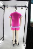 Women Summer Loose Color Block Round Neck Top and Shorts Casual Two-piece Set