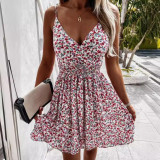 Summer Fashion V-Neck Floral Strap Slim Waist Casual Dress