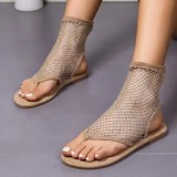 Spring Summer Plus Size Women's Flat Sandals Breathable Mesh Rhinestone Beaded Fashion Flip-Flops Sandals