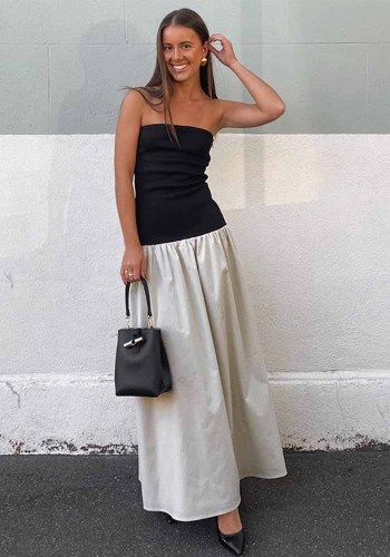 Women's Summer Fashion Contrast Color Strapless Long Dress