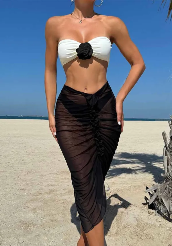 Color Block Sexy Floral Strapless Two Piece Bikini Mesh Long Skirt Three-Piece Swimsuit