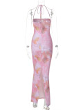 Chic Pink Print Sexy Halter Neck Strap Tight Fitting Long Dress