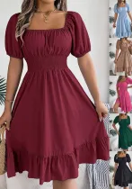 Spring And Summer Casual Square Neck Short Sleeve Slim Waist Ruffled A-Line Casual Dress Women's Clothing
