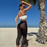 Color Block Sexy Floral Strapless Two Piece Bikini Mesh Long Skirt Three-Piece Swimsuit