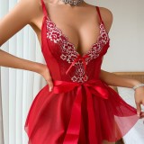 See-Through Lace Bow Waist Nightgown Sexy Lingerie Set