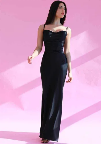 Sexy Solid Strap Slim Long Satin Dress