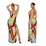 Women's Sexy Halter Neck Rainbow Print Slim Long Dress