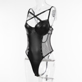 Lace Strap Pu Leather Fishnet Hollow See-Through Patchwork Tight Fitting Low Back Bodysuit Sexy Onesie Lingerie