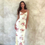 Strap V-Neck Printed Sexy Slim Long Dress Summer Holidays Style Low Back Dress