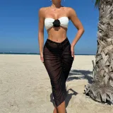 Color Block Sexy Floral Strapless Two Piece Bikini Mesh Long Skirt Three-Piece Swimsuit