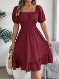 Spring And Summer Casual Square Neck Short Sleeve Slim Waist Ruffled A-Line Casual Dress Women's Clothing