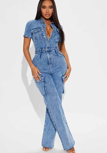 Short Sleeve Tight-Waisted Slim-Fit Stretch-Washed Denim Jumpsuit