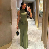 Spring Fashion Chic Solid Color Sleeveless Pleated High Waist Slim Fit Long Dress