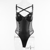 Lace Strap Pu Leather Fishnet Hollow See-Through Patchwork Tight Fitting Low Back Bodysuit Sexy Onesie Lingerie