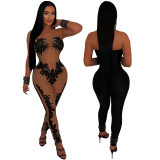 Sexy Mesh See-Through Beads Strapless Slim Jumpsuit