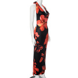 Women's Summer Sexy Halter Neck Low Back Floral Print Slim Long Dress