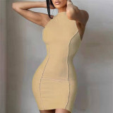 Women Summer Round Neck Sleeveless Solid Color Fashion Slim Bodycon Dress