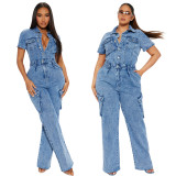 Short Sleeve Tight-Waisted Slim-Fit Stretch-Washed Denim Jumpsuit