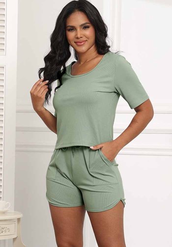 Summer Fashion Casual Sports Solid Color U-Neck Short Sleeve Two Piece Shorts Set Women's Clothing