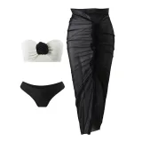 Color Block Sexy Floral Strapless Two Piece Bikini Mesh Long Skirt Three-Piece Swimsuit