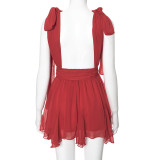 Women's Summer Solid Color Dark V Neck Chiffon Sleeveless Lace-Up Low Back Slim Mini Dress
