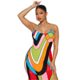 Women's Sexy Halter Neck Rainbow Print Slim Long Dress