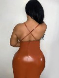 Strap Brown Pu Leather Plus Size Irregular Bodycon Dress