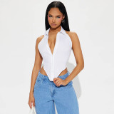 Women's Summer Solid Color Casual Turndown Collar Halter Sleeveless Button Low Back Lace-Up Slim Top