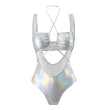 Sexy Hollow Drawstring Glossy One-Piece Swimsuit
