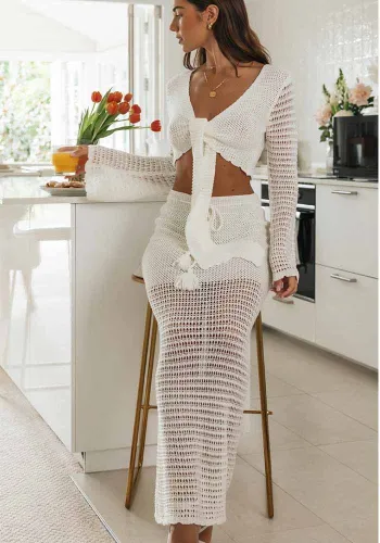 Sexy Lace-Up V-Neck Long Sleeve Top Hollow Skirt Knitting Two-Piece Sest