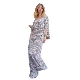 Women's Fashion Printed Loose Long Sleeve Top High Waisted Wide Leg Pants Two Piece Set