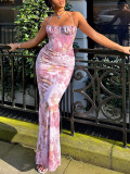 Chic Pink Print Sexy Halter Neck Strap Tight Fitting Long Dress