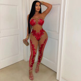 Sexy Mesh See-Through Beads Strapless Slim Jumpsuit