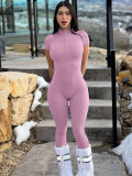 Women's Sports Fitness Stretch Solid Color Slim Butt Lift Zipper Short Sleeve Jumpsuit