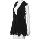 Women's Summer Solid Color Dark V Neck Chiffon Sleeveless Lace-Up Low Back Slim Mini Dress