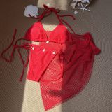 Sexy Solid Color Bikini Beach Mesh Cover Up Three-Piece Swimsuit